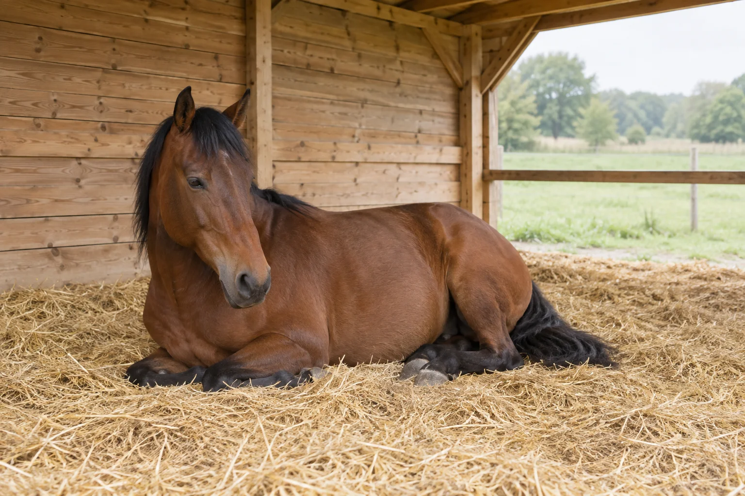 Un cheval brun est couché, la tête relevée, sur de la paille dans un abri en bois, avec une prairie verdoyante en arrière de l’abri.