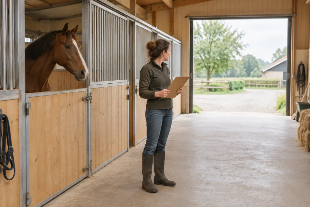 Une personne tenant un porte documents se tient à côté d’un cheval dans une écurie et regarde dehors par la sortie ouverte.