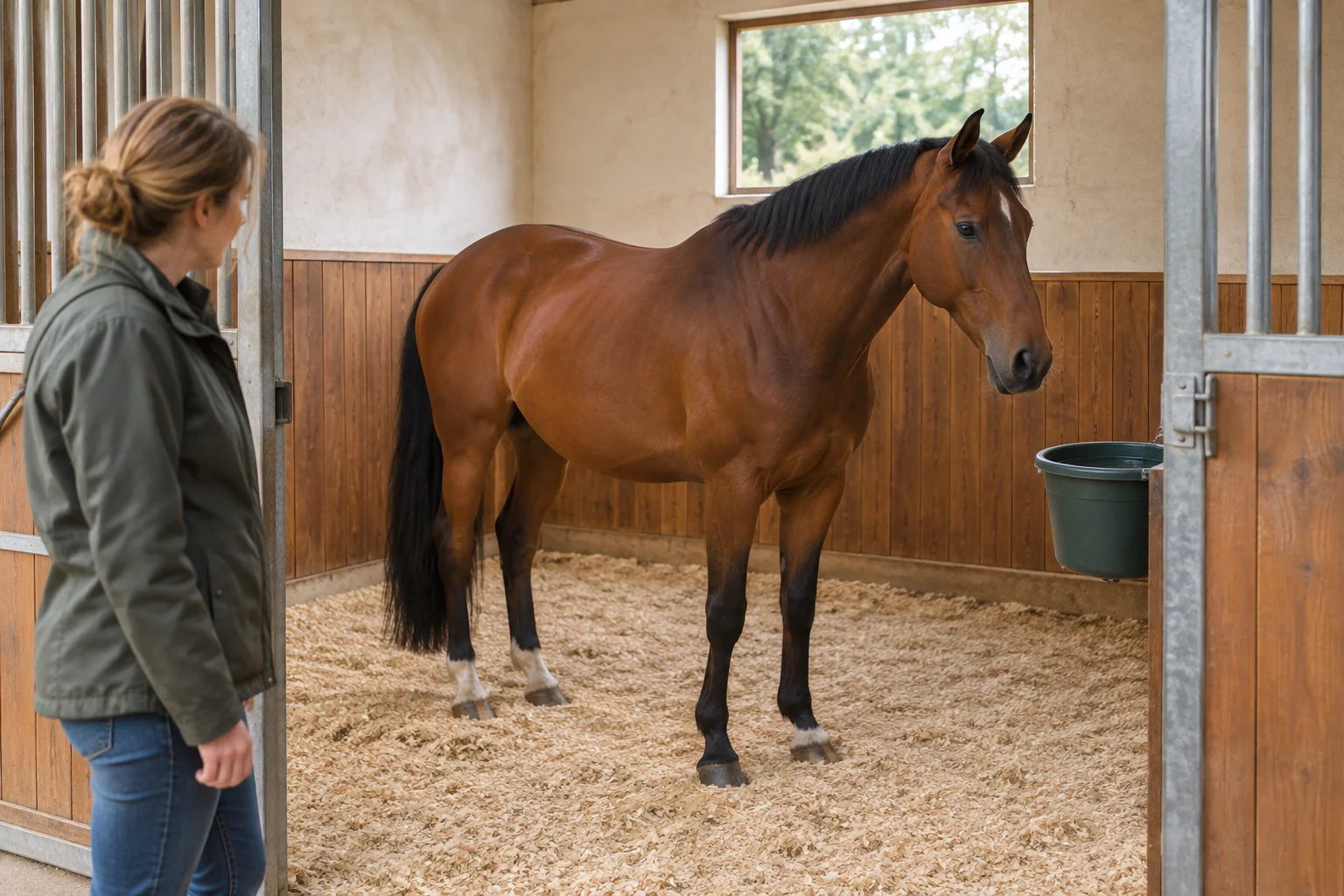 Un cheval brun se tient dans une écurie sur une litière claire. Une personne qui s’en occupe se trouve à l’entrée ; un seau est accroché au mur.