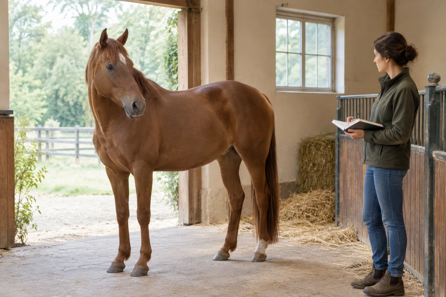 Un cheval brun se tient près d’une écurie tandis qu’un soigneur, à quelque distance, l’observe avec un carnet ouvert.