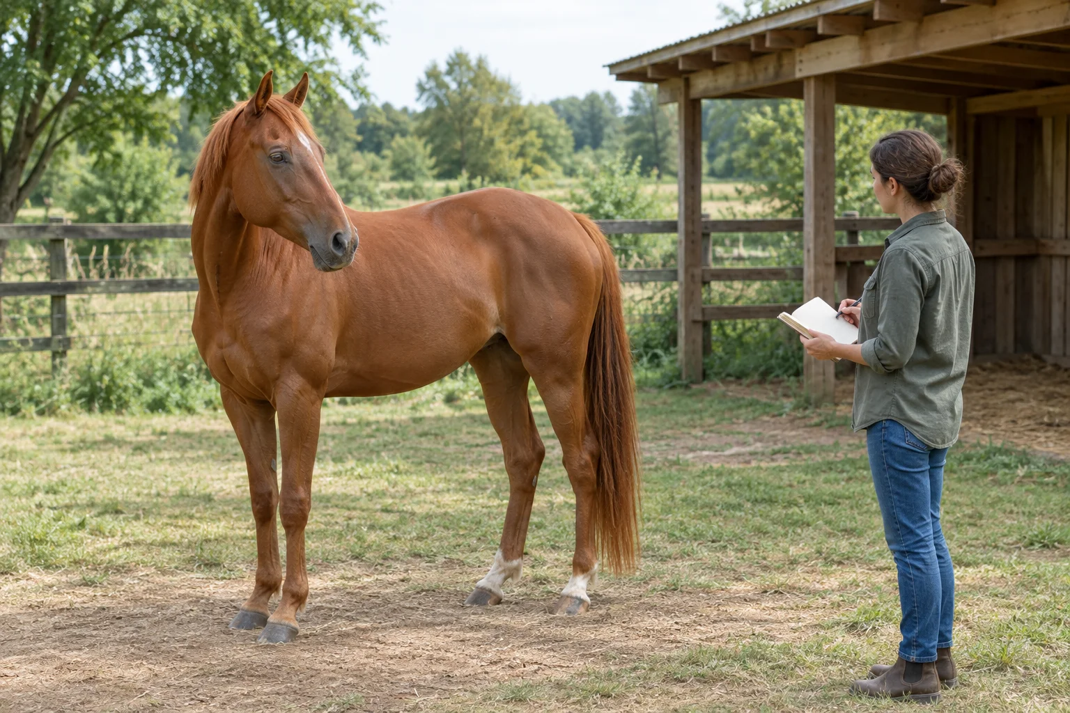 Un cheval alezan se tient près d’un abri en bois, tandis qu’une personne chargée de ses soins l’observe avec un carnet ouvert.