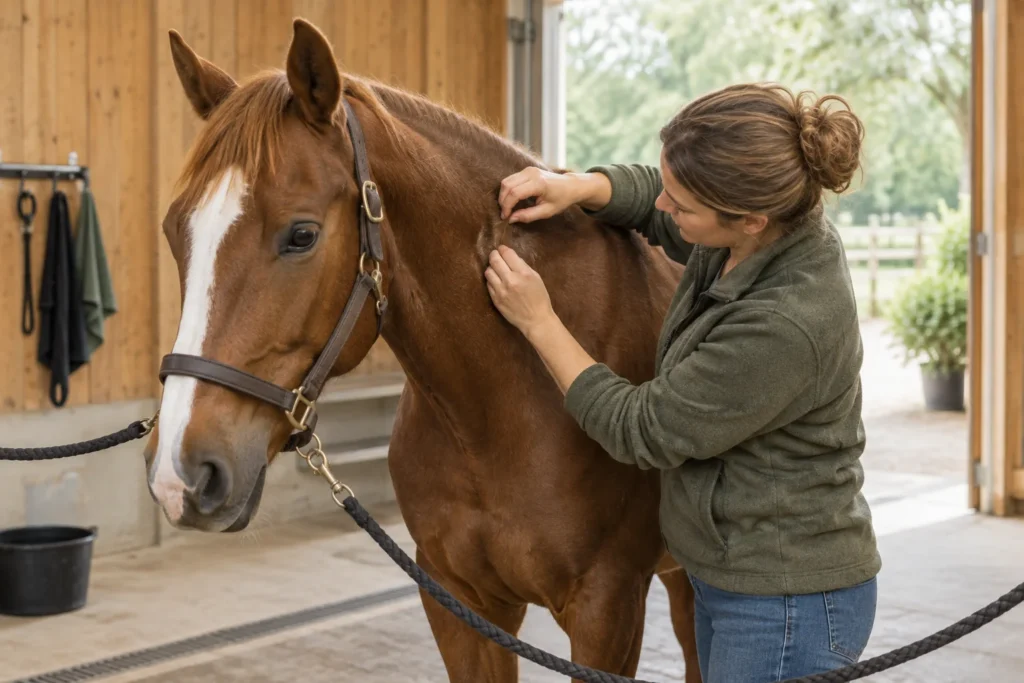 Une femme examine l’encolure d’un cheval brun près d’une écurie.