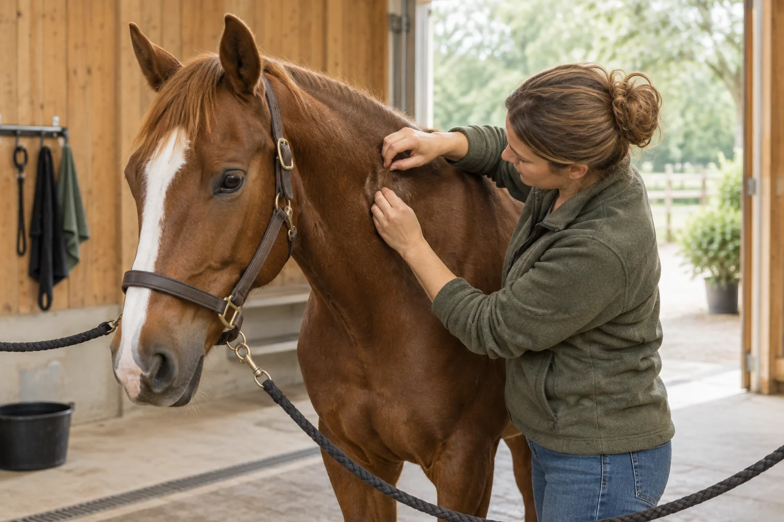 Une femme examine l’encolure d’un cheval brun près d’une écurie.