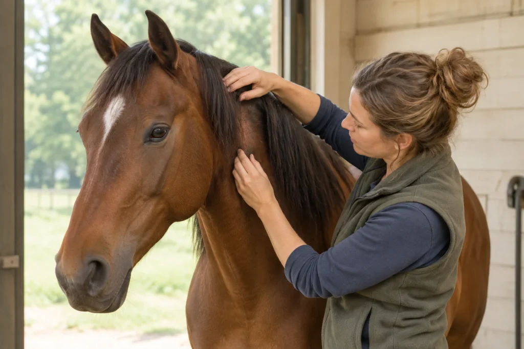 Une femme écarte la crinière d’un cheval brun pour examiner son encolure.