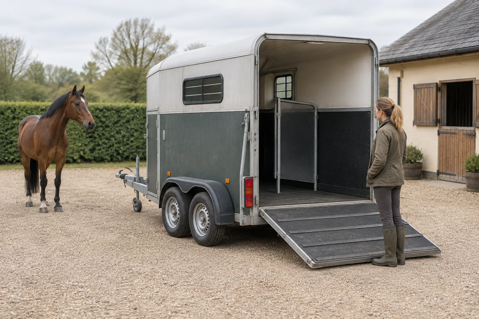 Un van pour chevaux vide, avec le pont de chargement abaissé, est stationné dans une cour. Une femme regarde à l’intérieur tandis qu’un cheval bai se tient plus loin.
