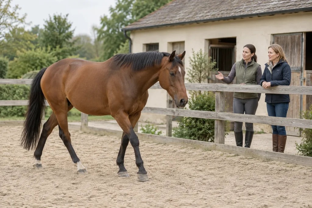 Un cheval brun marche dans une carrière tandis que deux femmes discutent près de la clôture.
