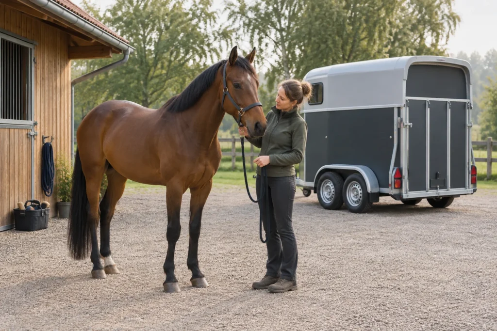 Un cheval brun portant un licol se tient à côté d’une personne qui l’accompagne dans une cour ; derrière eux se trouve un van pour chevaux fermé.