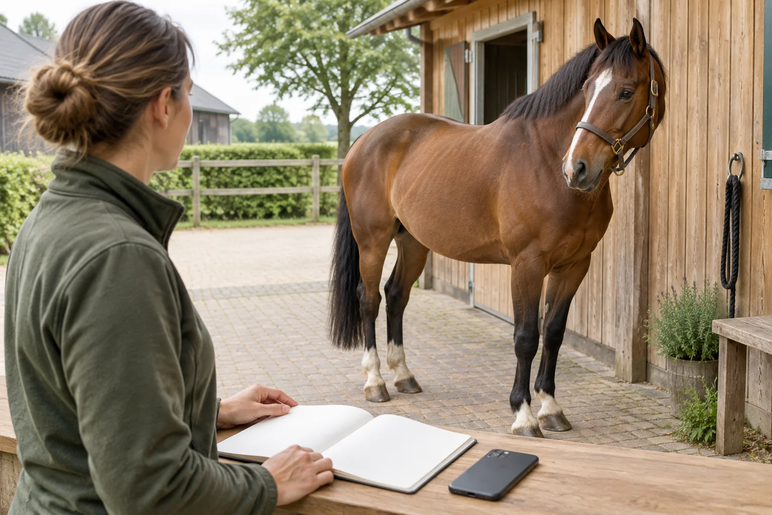 Un cheval se tient près d’une écurie en bois, tandis qu’une personne est assise à une table avec un carnet vierge et un téléphone.
