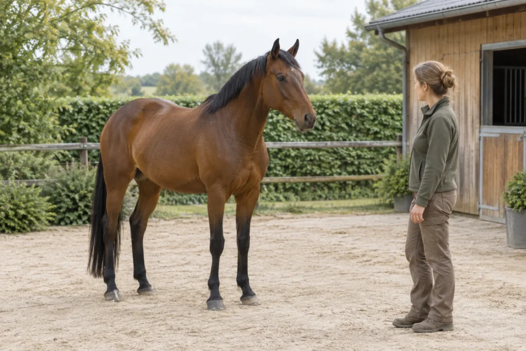 Un cheval brun se tient dans une cour, ses quatre sabots visibles, et regarde une personne près d’une écurie en bois.
