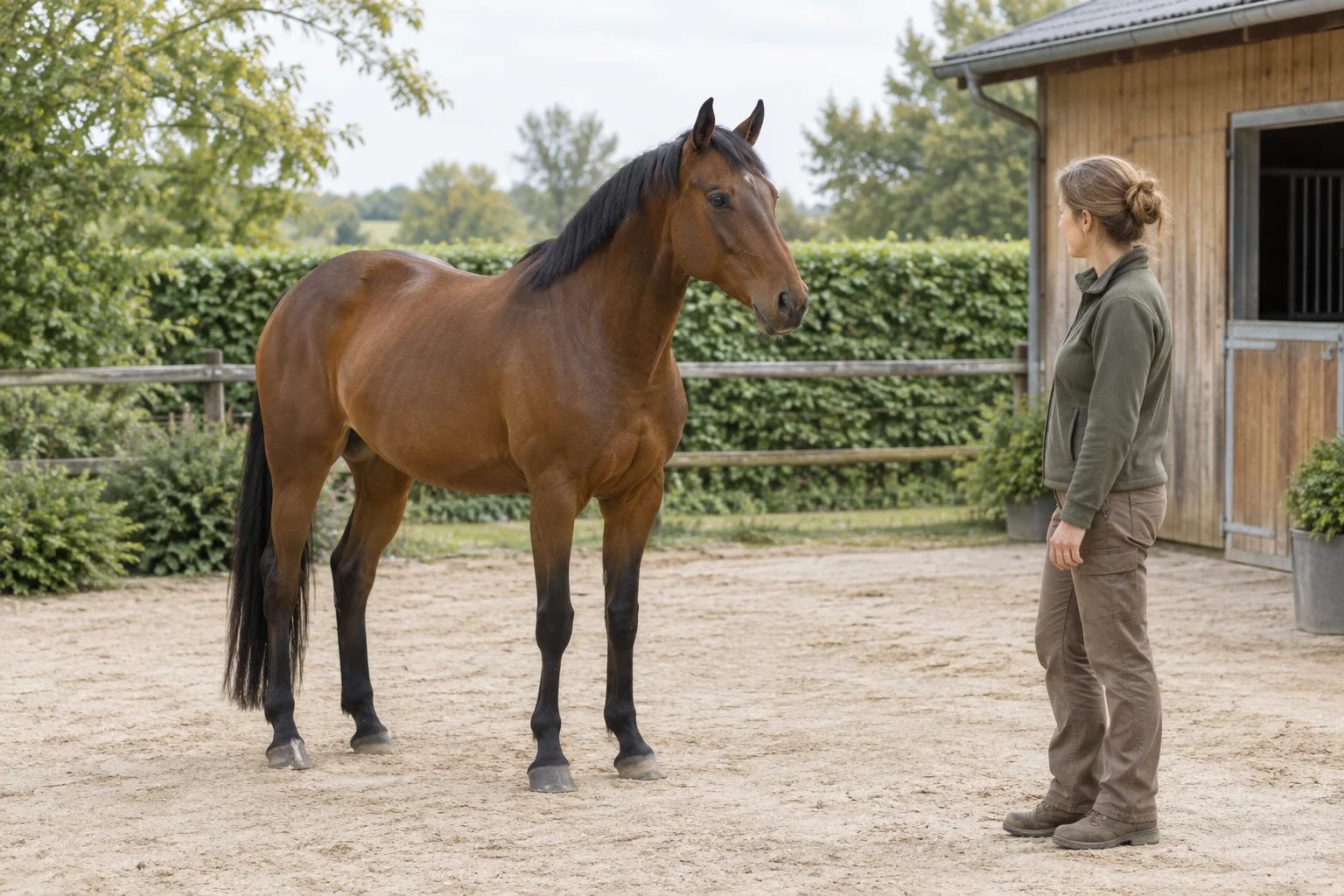 Un cheval brun se tient dans une cour, ses quatre sabots visibles, et regarde une personne près d’une écurie en bois.