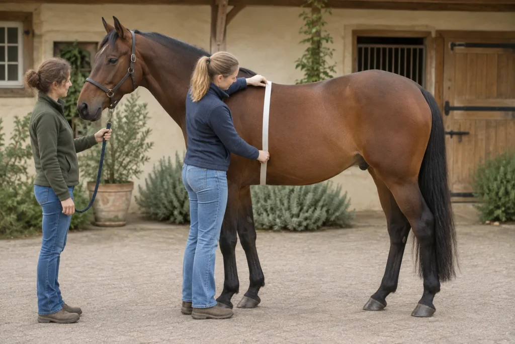 Deux personnes qui s’occupent d’un cheval bai se tiennent dans une cour. L’une tient le cheval tandis que l’autre place un mètre ruban autour de son thorax.