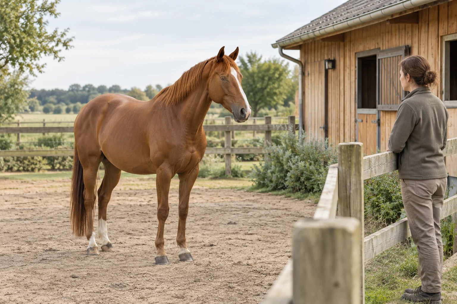 Un cheval alezan se tient dans un paddock clôturé tandis qu'une personne l'observe depuis la clôture. Une écurie en bois se trouve au fond.