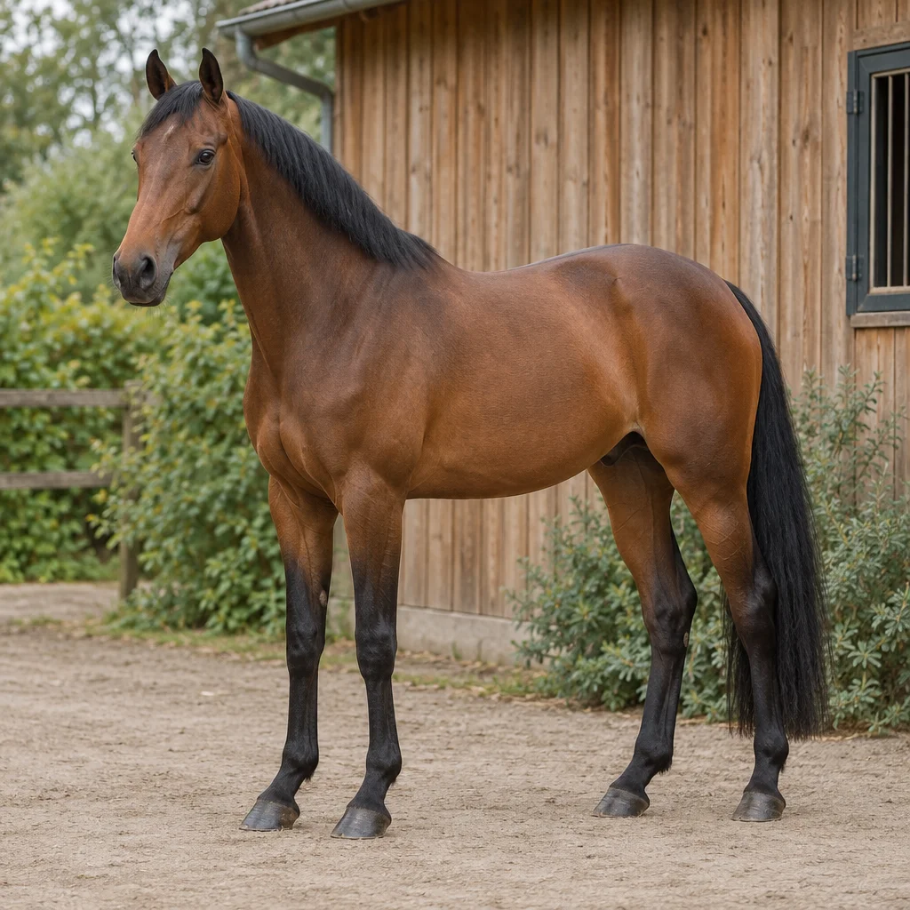 Cheval bai aux crins et aux membres inférieurs noirs, visible en entier dans une cour à côté d’une écurie en bois.
