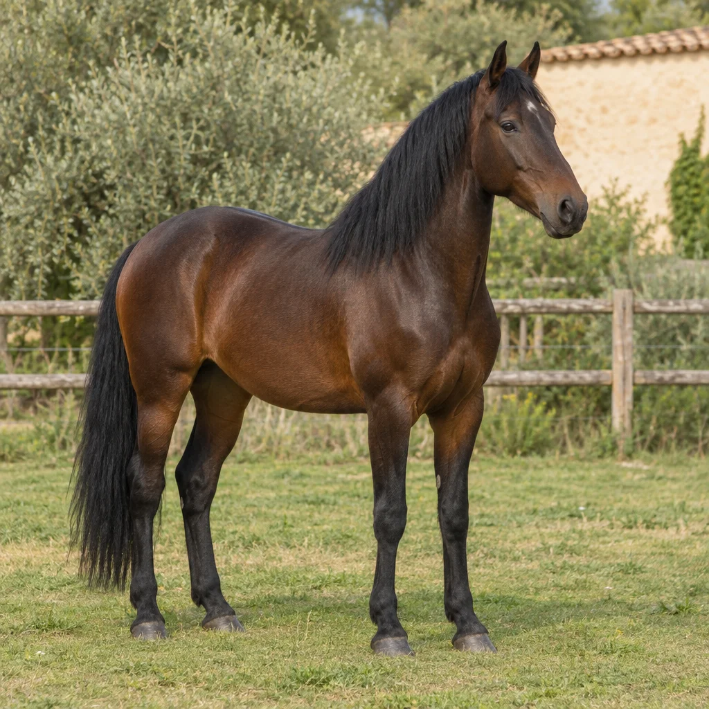 Illustration d’un cheval bai à la crinière et à la queue noires dans un pré clôturé.