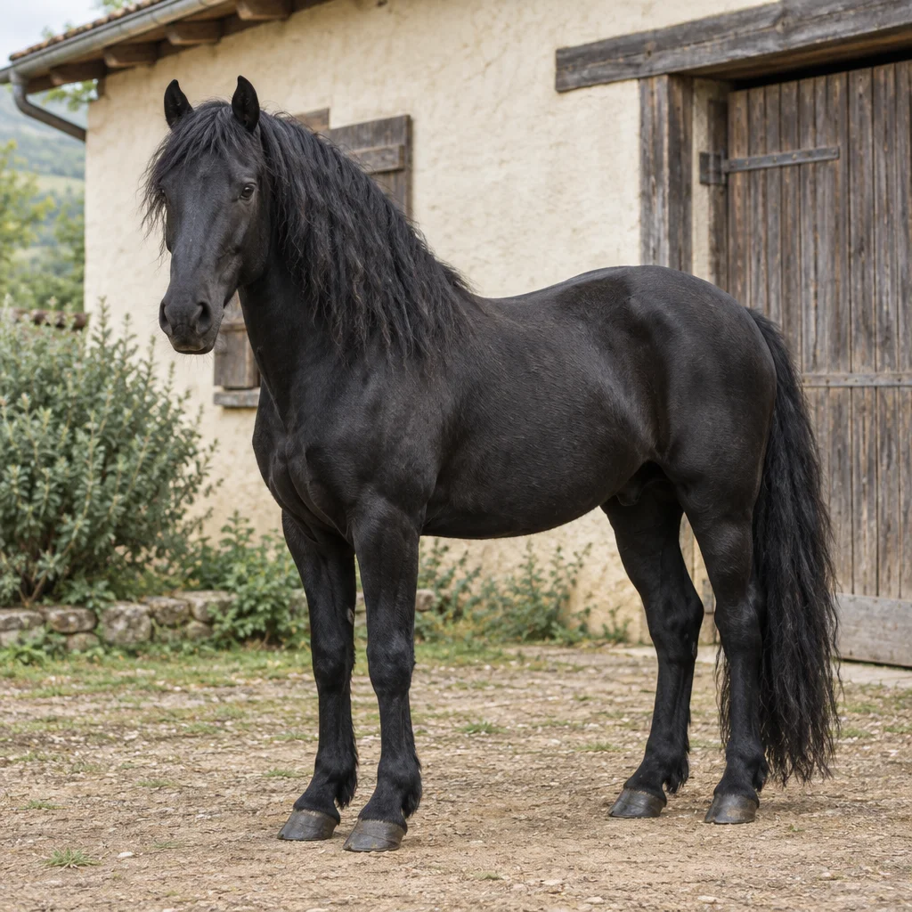 Illustration d’un cheval noir à la crinière fournie et ondulée et à la constitution robuste, près d’une écurie.