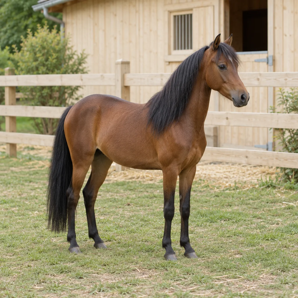 Illustration d’un cheval miniature brun à la crinière et à la queue noires, dans une prairie clôturée près d’une écurie.
