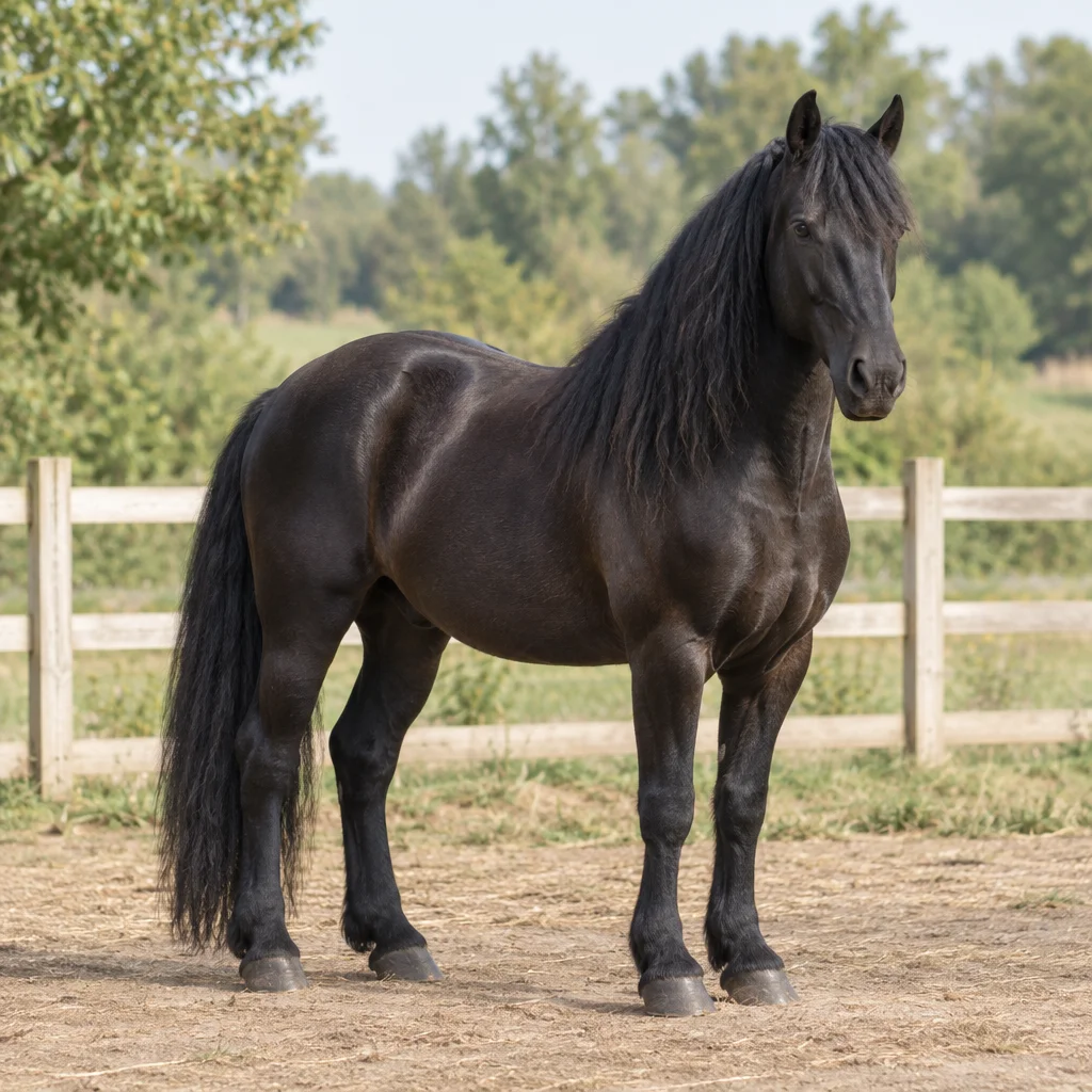 Un cheval noir se tient près d’une clôture en bois, ses quatre sabots visibles, avec des arbres en fond de scène.