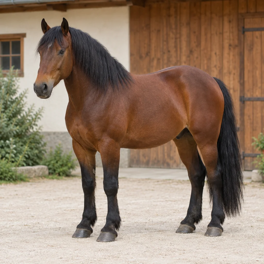 Un cheval bai de forte constitution, avec la crinière, la queue et le bas des membres noirs, se tient dans une cour devant une porte d’écurie en bois.