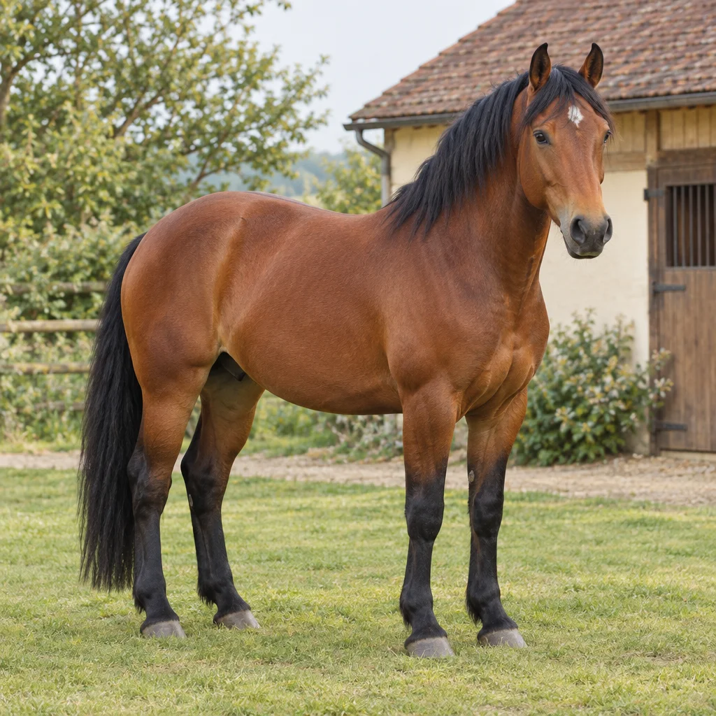 Cheval bai aux crins et aux membres inférieurs noirs devant une écurie ; le cheval est visible en entier.