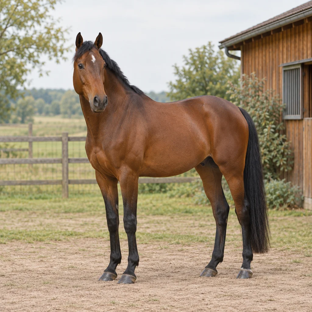 Cheval brun à la crinière et à la queue noires, visible en entier, devant une écurie en bois.