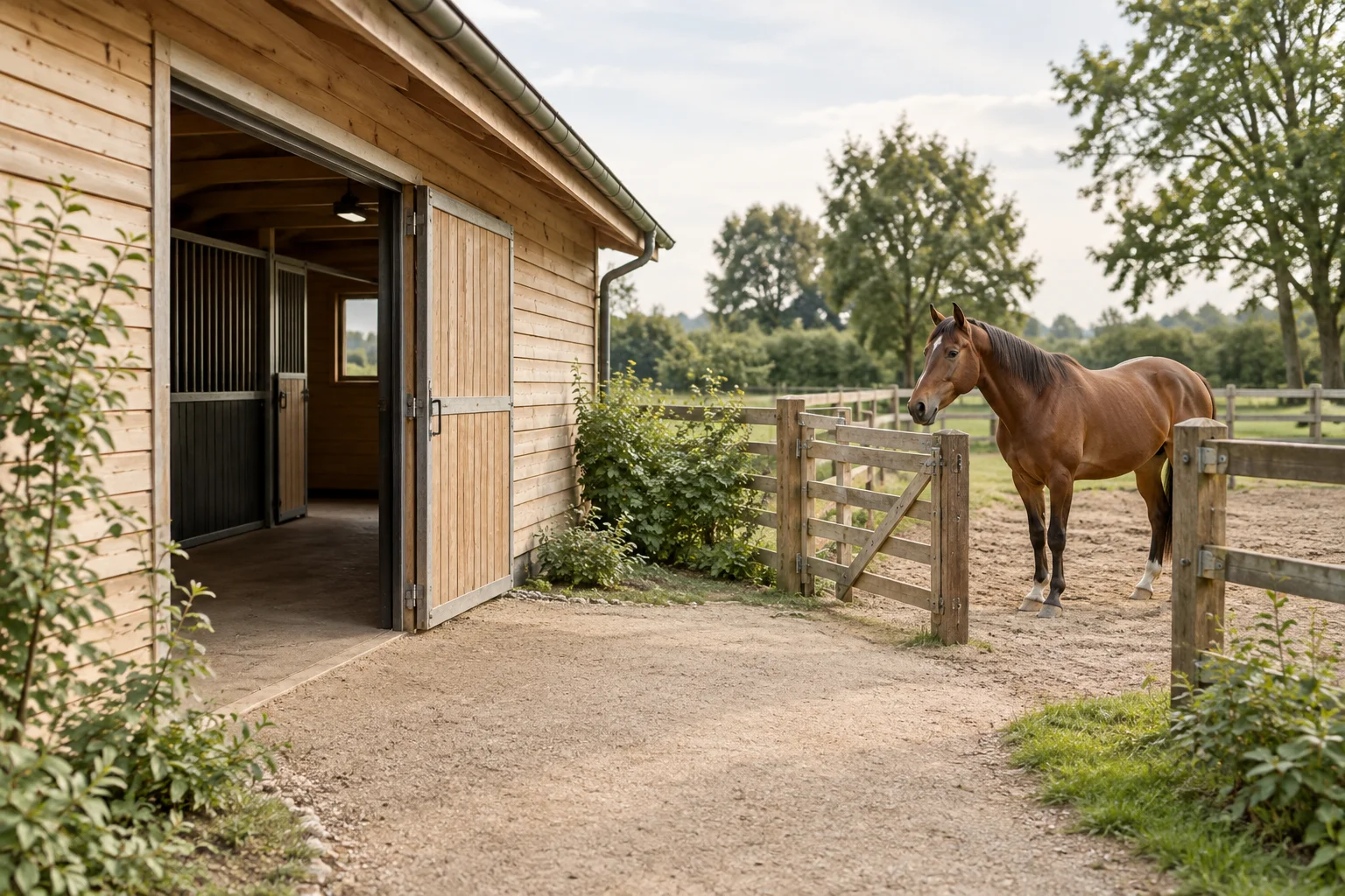 Illustration d’un cheval brun dans un paddock clôturé, à côté d’une écurie en bois dont la porte est ouverte.