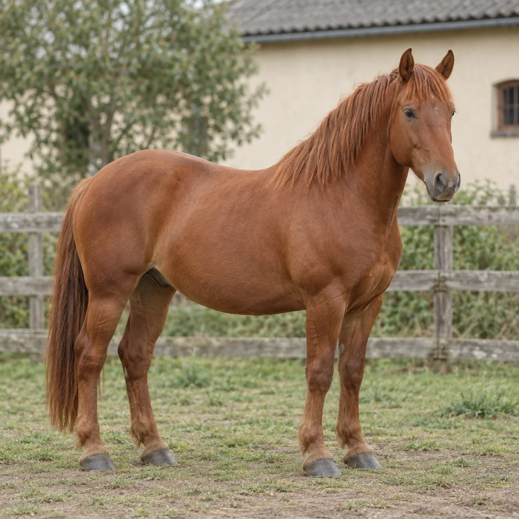 Un cheval alezan se tient dans une prairie clôturée, ses quatre sabots visibles, avec un bâtiment d'écurie de couleur claire au fond de l'image.