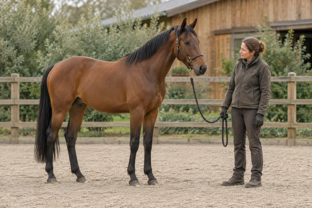 Cheval bai portant un licol, à côté d’une femme tenant une longe détendue dans une carrière clôturée.