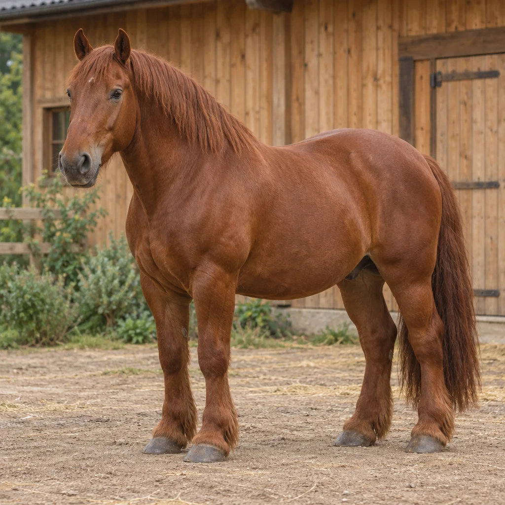 Un cheval alezan de forte corpulence se tient dans une cour devant une écurie en bois, ses quatre sabots visibles.