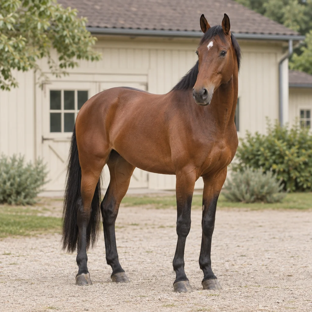 Cheval bai aux crins et aux membres inférieurs noirs, visible en entier devant une écurie claire.