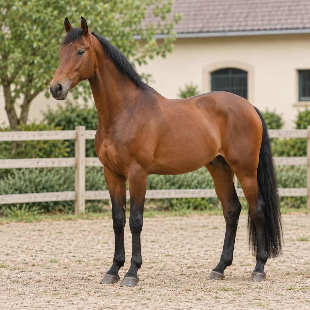 Cheval bai à la crinière et à la queue noires, entièrement visible dans un paddock clôturé, avec des arbres et un bâtiment d’écurie clair au fond.