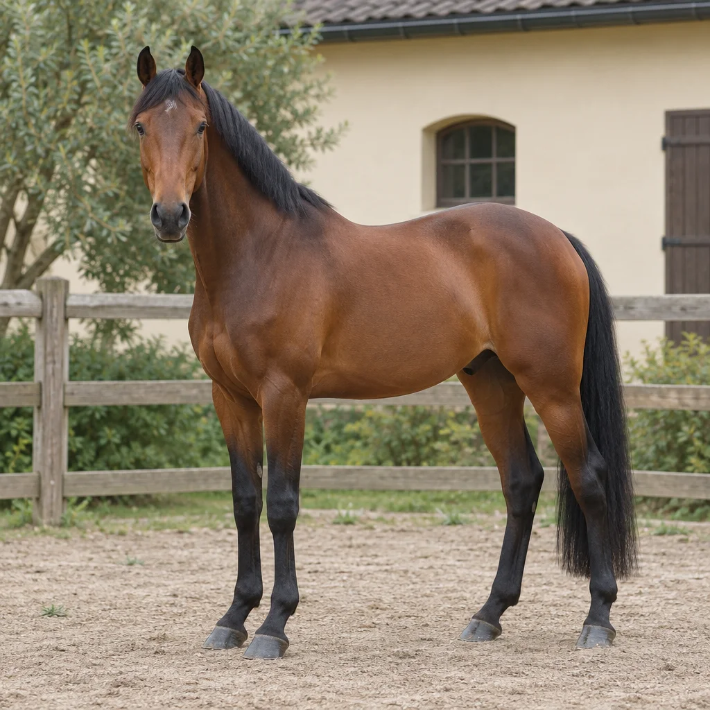 Cheval bai aux crins noirs et aux membres inférieurs noirs, debout devant une clôture en bois et une écurie claire, ses quatre sabots visibles.