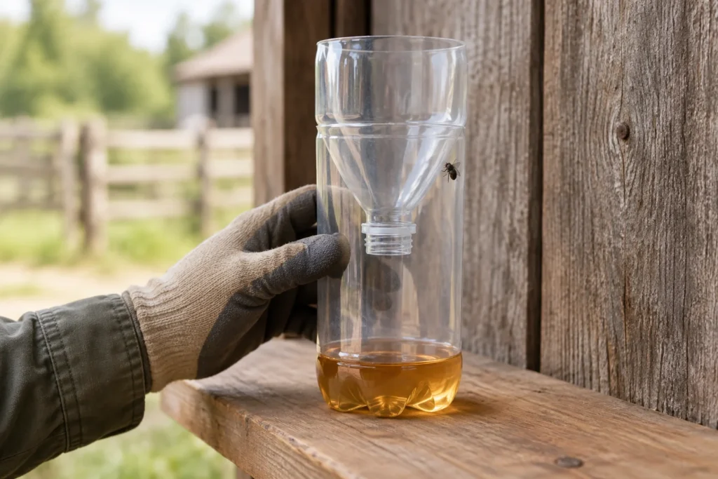 Une main gantée tient une bouteille transparente dont la partie supérieure, retournée, forme un entonnoir. Une petite quantité de liquide se trouve au fond ; une mouche est posée à l’extérieur.