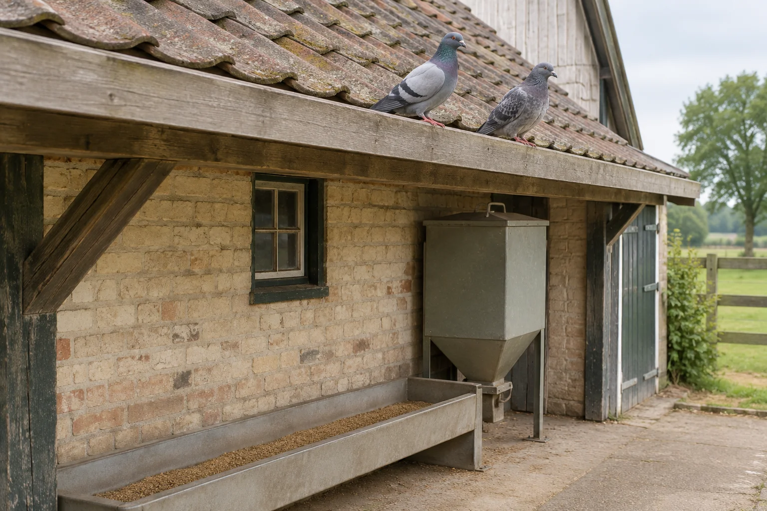 Deux pigeons sont posés sur le bord du toit d’un bâtiment d’élevage, surplombant une mangeoire ouverte et près d’un silo à aliments.