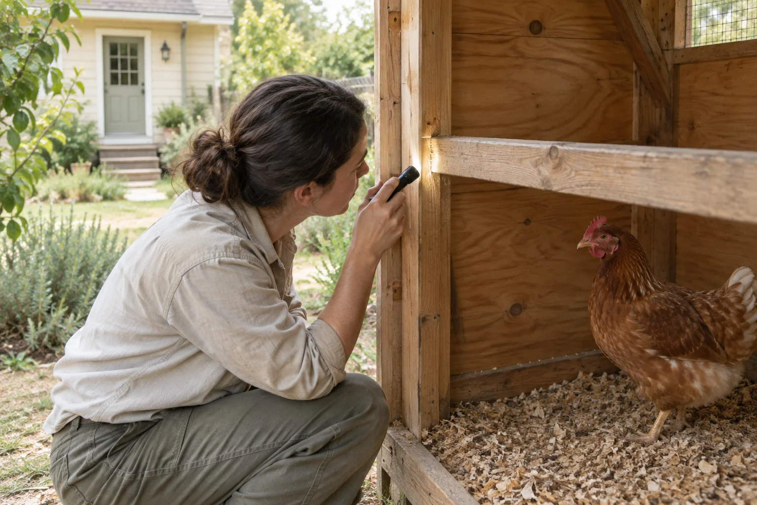 Une personne éclaire avec une lampe torche un assemblage en bois dans un poulailler. Une poule se trouve dans le poulailler ; une maison est visible au fond de l'image.