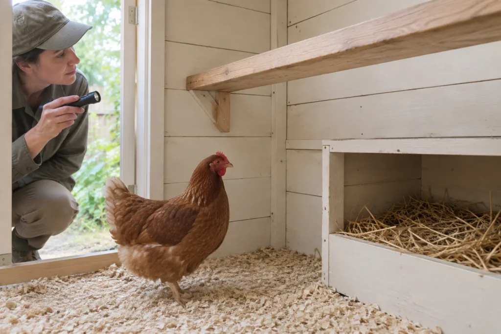 Une personne examine un poulailler à l’aide d’une lampe de poche, tandis qu’une poule brune se tient près d’un pondoir contenant de la paille.