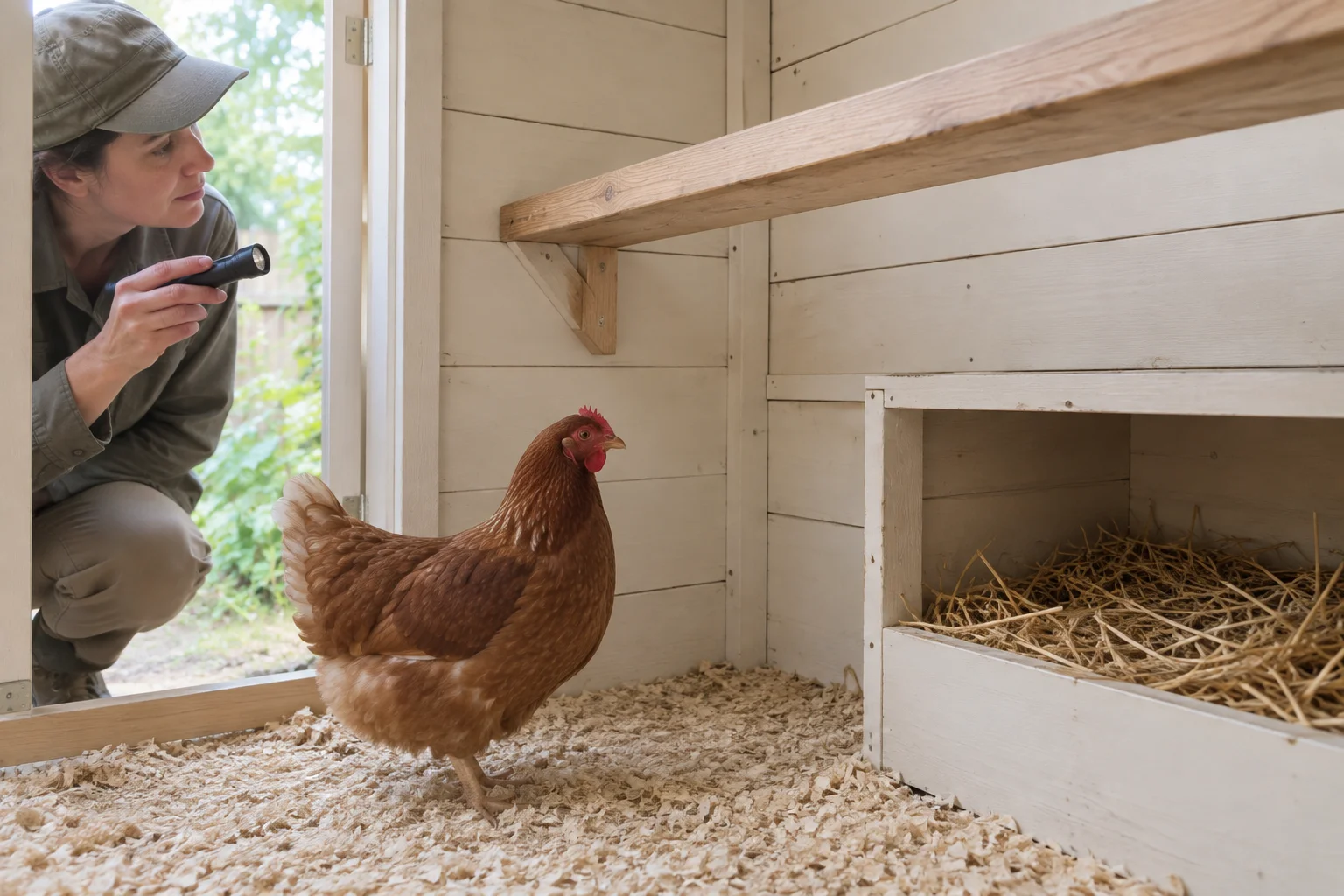 Une personne examine un poulailler à l’aide d’une lampe de poche, tandis qu’une poule brune se tient près d’un pondoir contenant de la paille.