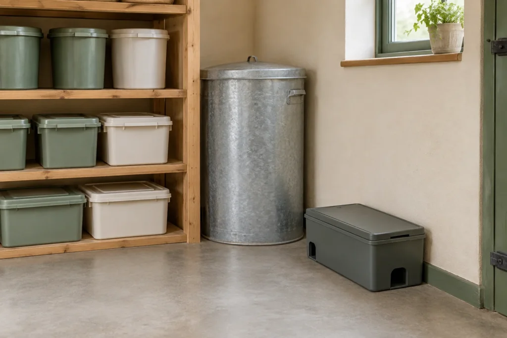 Illustration d’un boîtier fermé en plastique, muni d’entrées pour les rongeurs, contre le mur d’un local de stockage, à côté de bacs de réserve avec couvercles et d’un fût de stockage en métal.