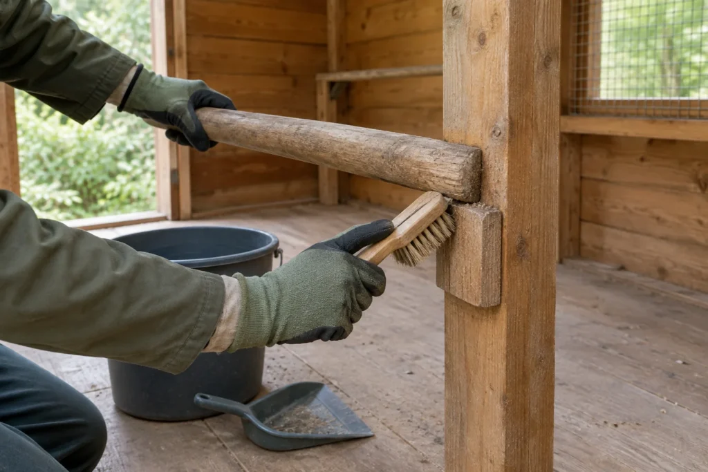 Une personne portant des gants brosse la jonction d’un perchoir en bois dans un poulailler vide. Un seau et une pelle se trouvent au sol.