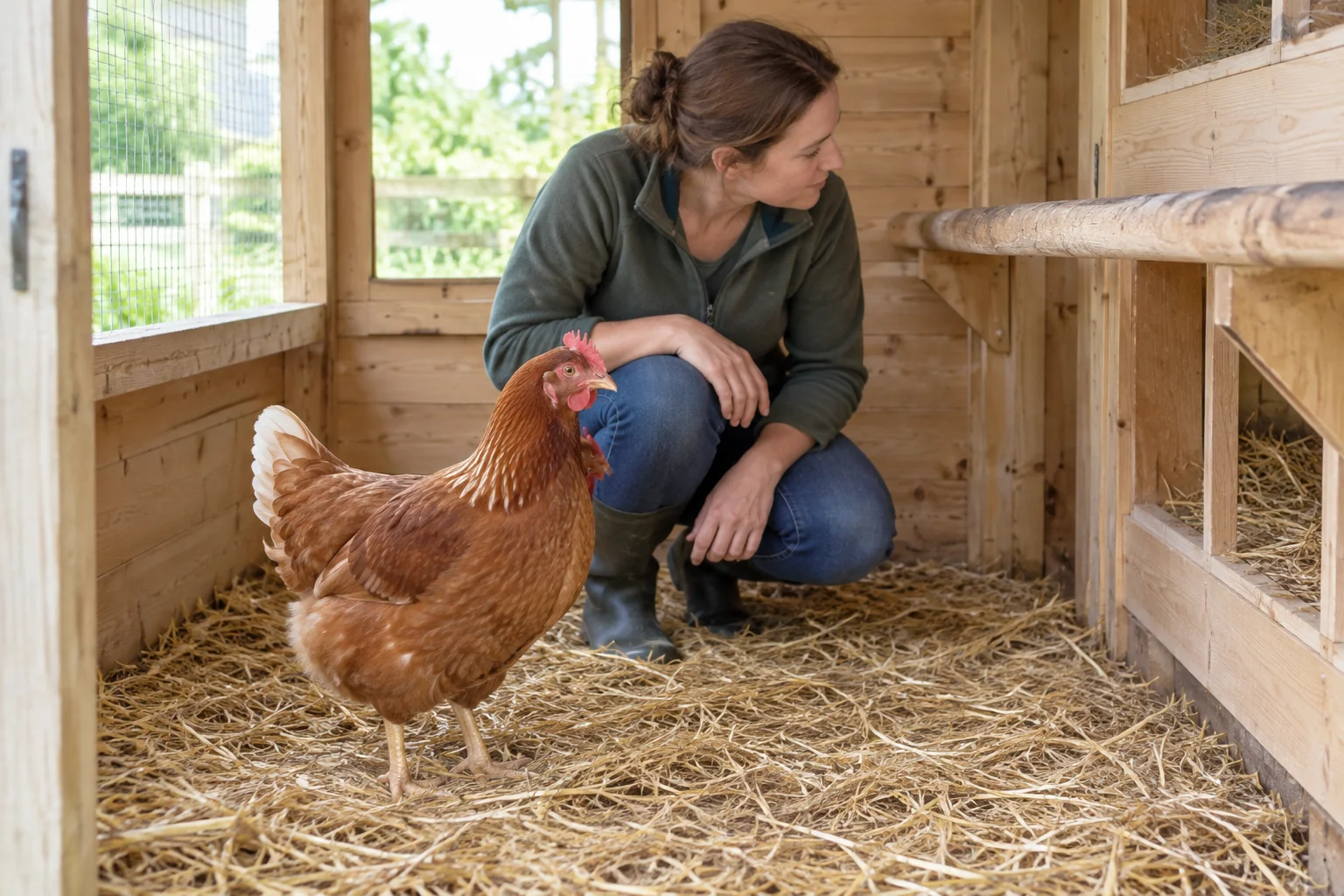 Une poule brune se tient sur de la paille dans un poulailler en bois, tandis qu’une femme examine le perchoir et l’intérieur du poulailler.