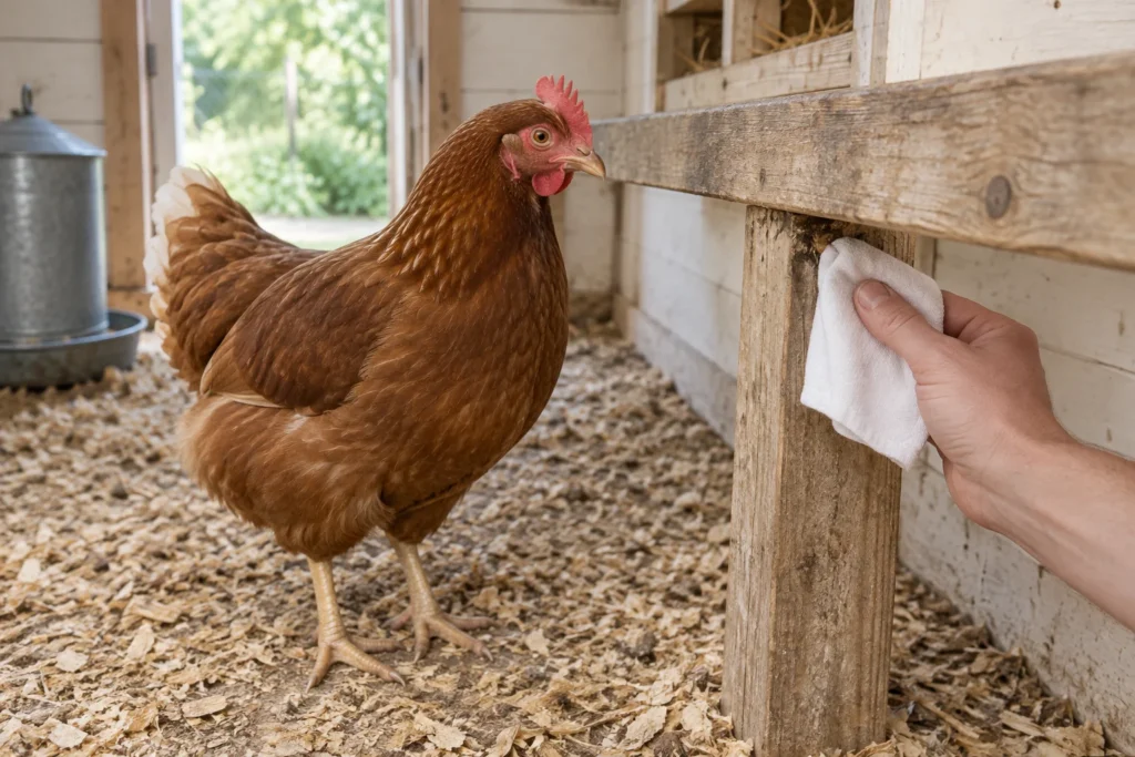 Poule brune dans un poulailler en bois, à côté d’une main qui contrôle un point de fixation du perchoir avec un chiffon blanc.