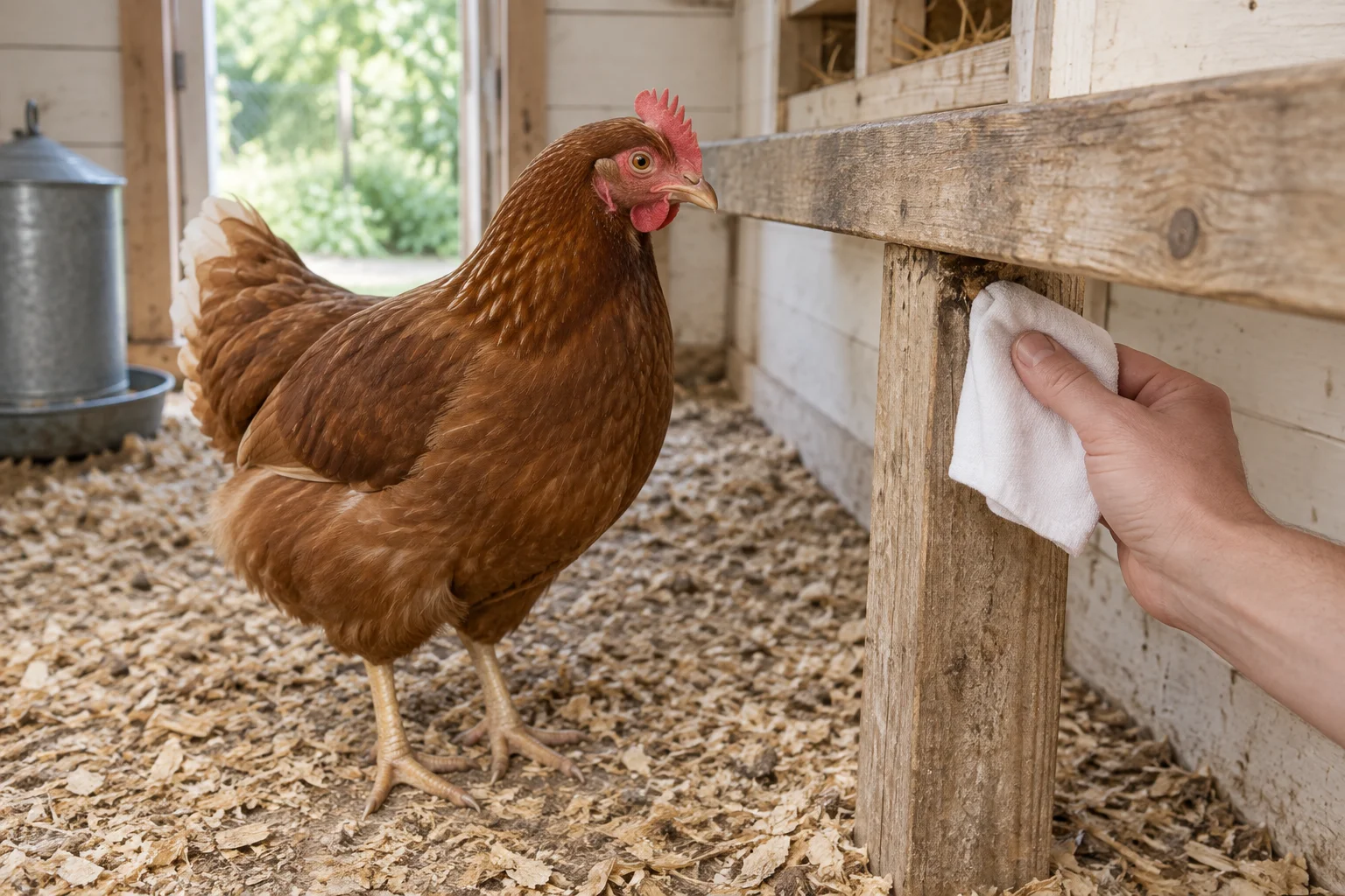 Poule brune dans un poulailler en bois, à côté d’une main qui contrôle un point de fixation du perchoir avec un chiffon blanc.