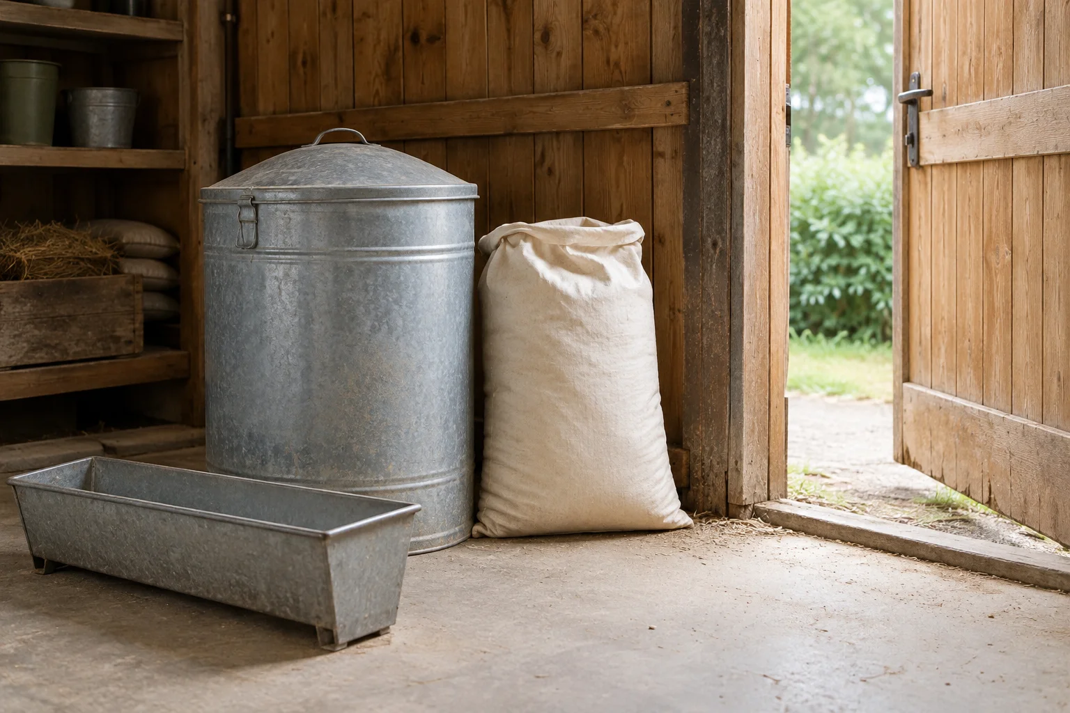 Un conteneur de stockage métallique avec couvercle, un sac de couleur claire et une mangeoire métallique dans une remise en bois dont la porte est ouverte.
