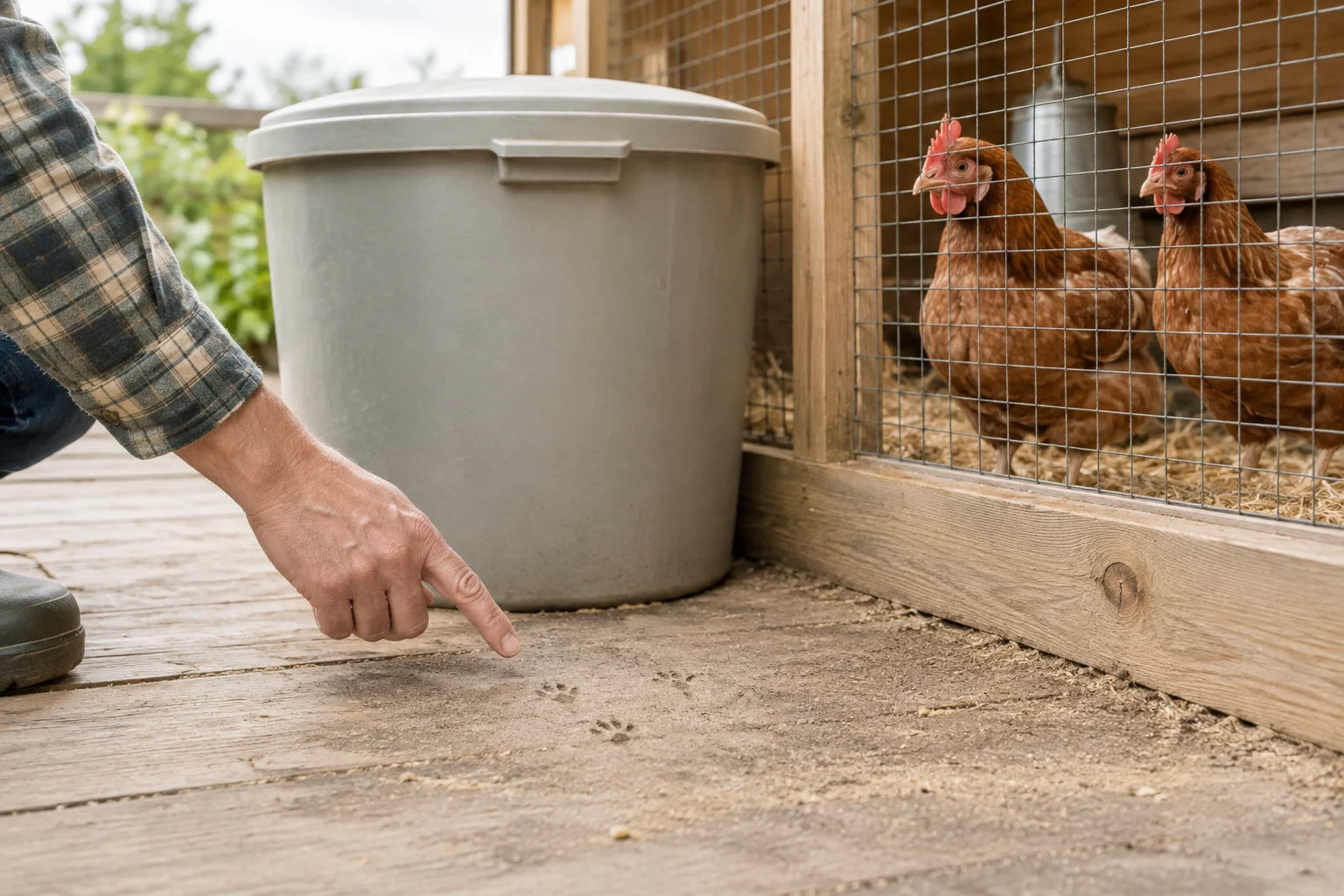 Une personne montre de petites traces au sol, à côté d’un bac gris muni d’un couvercle, avec deux poules derrière un grillage.