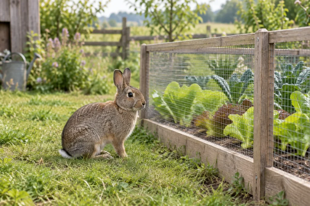 Illustration d’un lapin de garenne à côté d’un carré potager entouré de grillage.