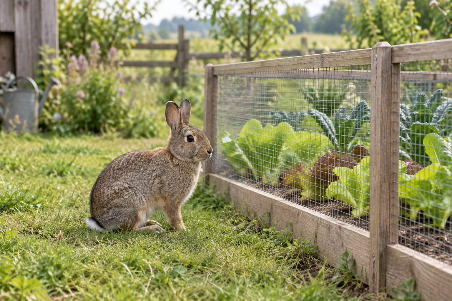 Illustration d’un lapin de garenne à côté d’un carré potager entouré de grillage.