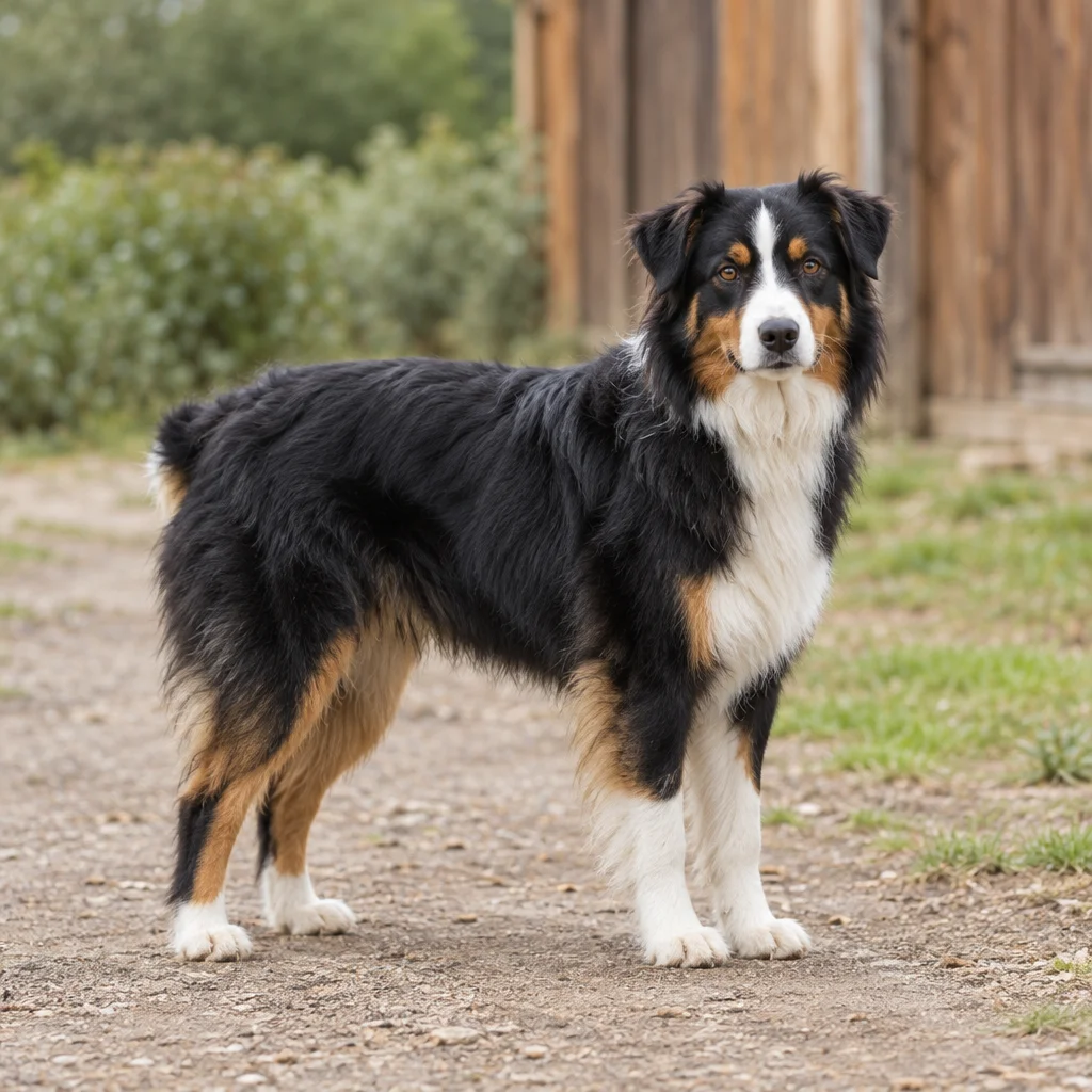 Un chien noir, blanc et marron se tient sur une allée de gravier près d’un bâtiment en bois, les quatre pattes visibles.