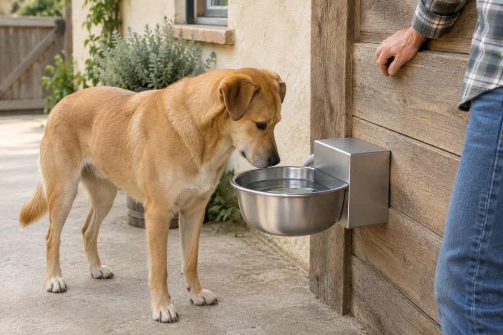 Un chien brun clair se tient près d’un abreuvoir métallique rempli d’eau, fixé à une paroi en bois. Une partie d’une personne est visible à côté de l’abreuvoir.