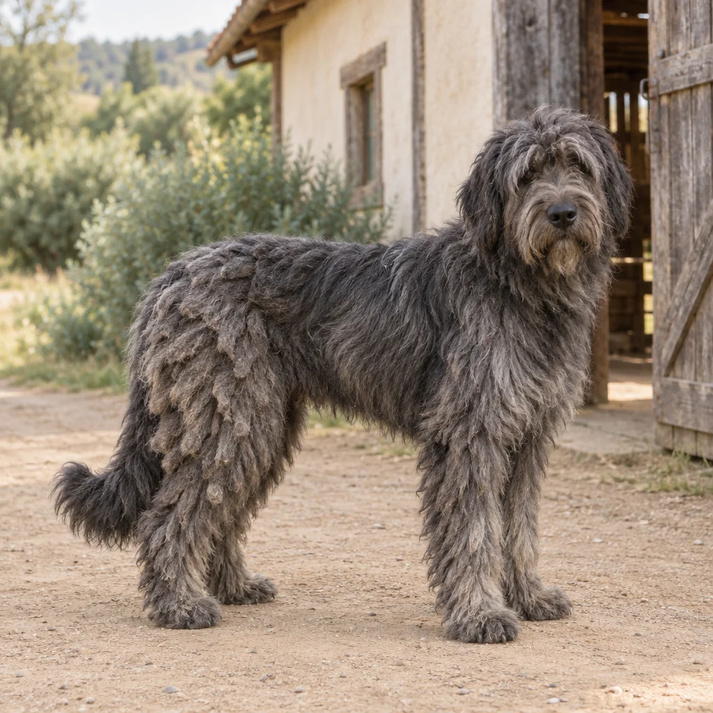 Chien gris au pelage long, partiellement feutré, debout avec ses quatre pattes visibles dans une cour de ferme, à côté d'une grange en bois.