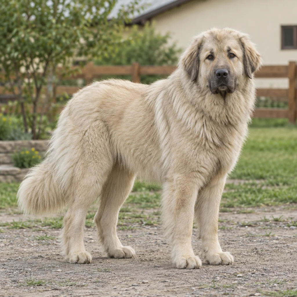 Grand chien au pelage clair et fourni, aux oreilles tombantes, debout sur un terrain devant une clôture en bois.