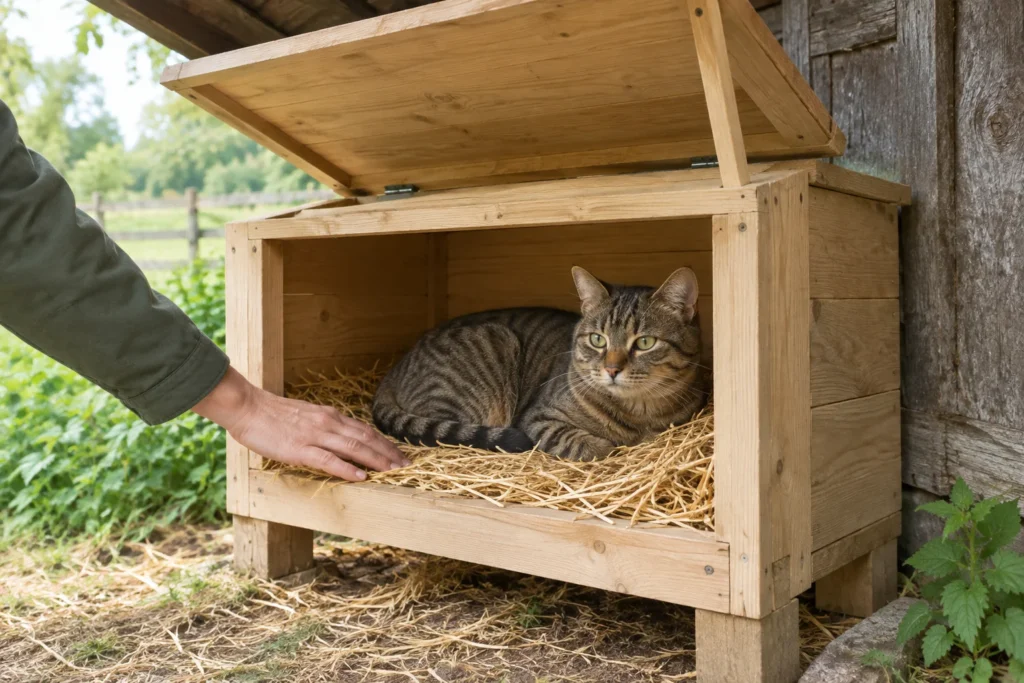Un chat tigré est couché sur de la paille dans un abri en bois surélevé. Le couvercle est ouvert et une main touche la paille.
